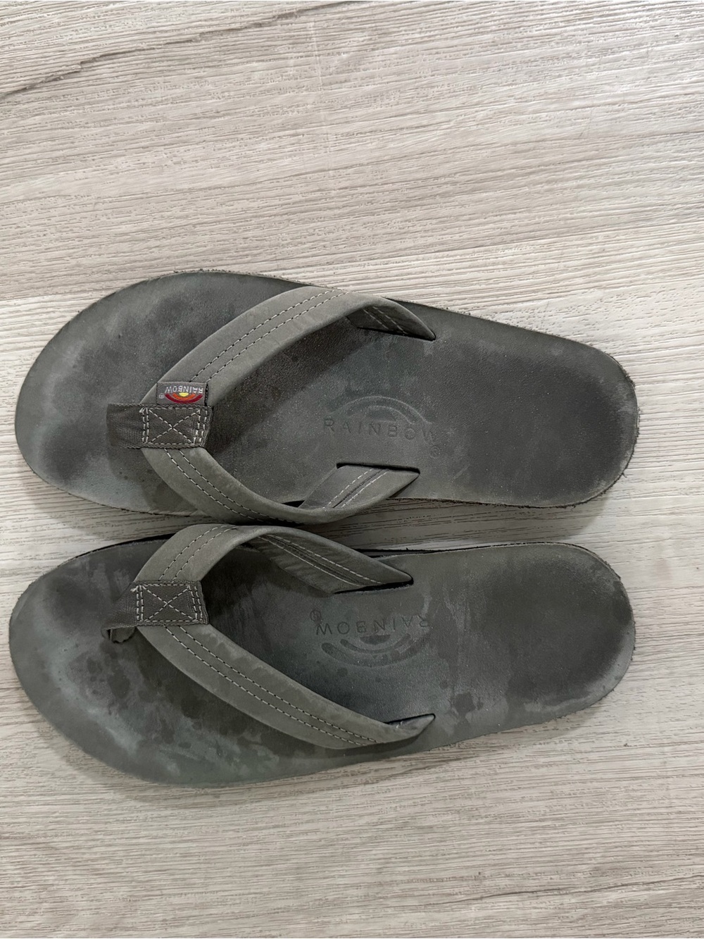 Rainbow Leather Flip Flops in Olive Gray